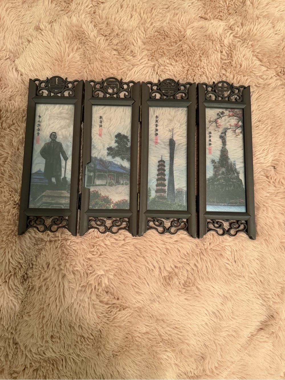 Vintage Chinese 4-Panel Miniature Table Screen - Guangzhou Landmarks (As-Is)